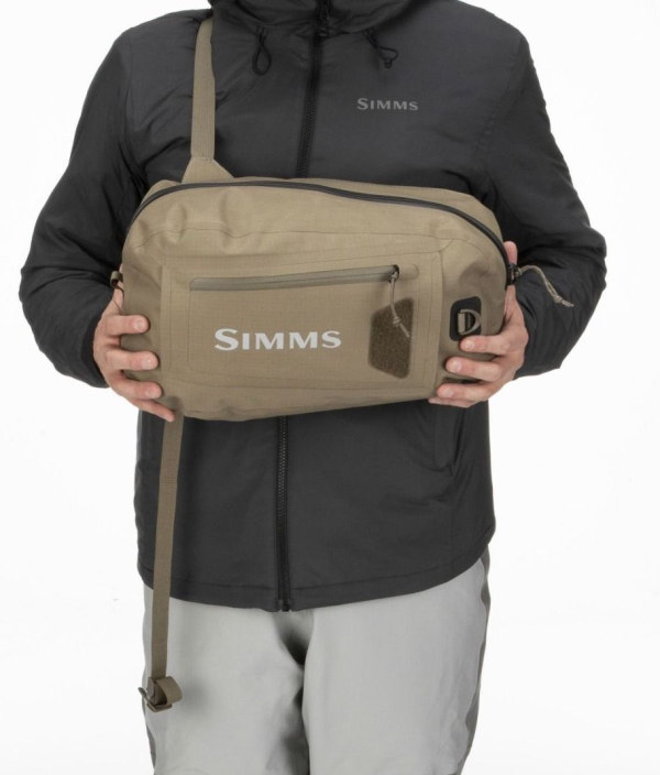 Simms Dry Creek Z Sling Pack Tan Model Side Simms Dry Creek Z Sling Pack Tan Model Side